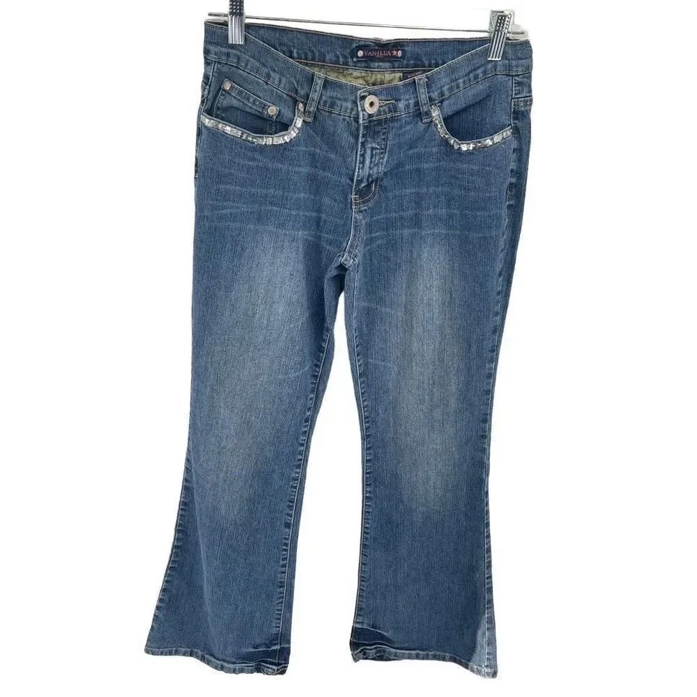 Vanilla star Women's Bootcut Jeans Beaded Pocket Mid Rise Denim Medium Wash Size - Picture 5 of 12